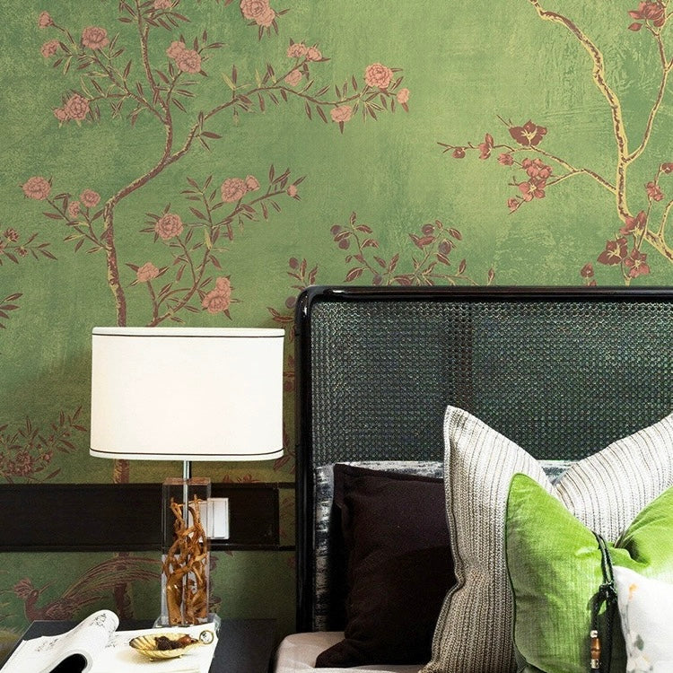 custom-wallpaper-vintage-pastoral-mural-birds-and-flowers