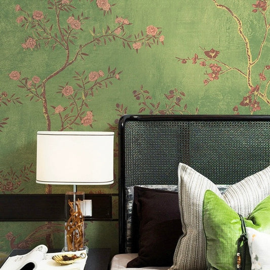custom-wallpaper-vintage-pastoral-mural-birds-and-flowers