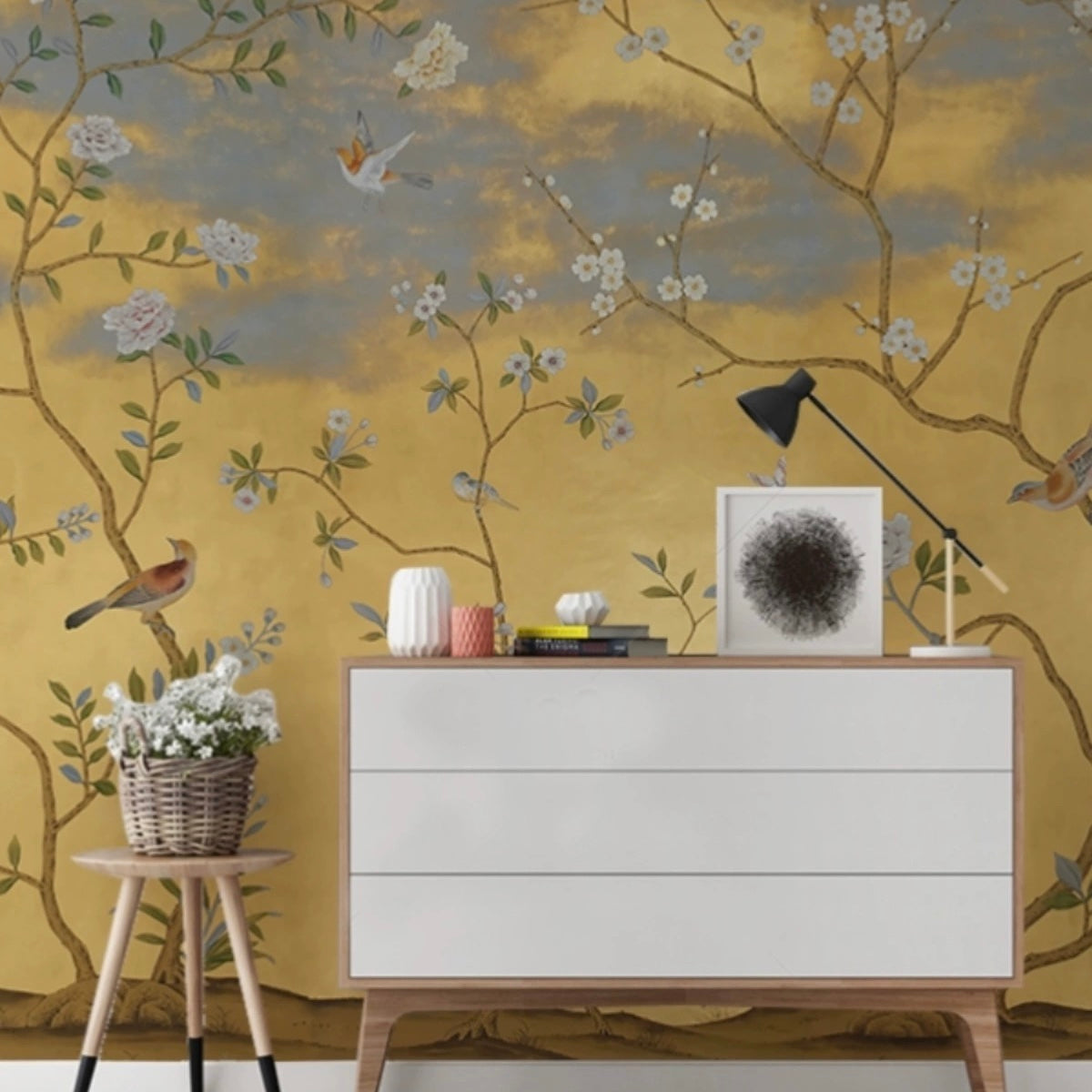 custom-wallpaper-vintage-pastoral-mural-birds-and-flowers