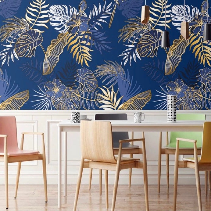 custom-blue-wallpaper-mural-for-living-room-tropical-leaves