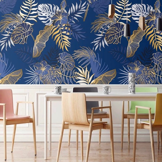 custom-blue-wallpaper-mural-for-living-room-tropical-leaves