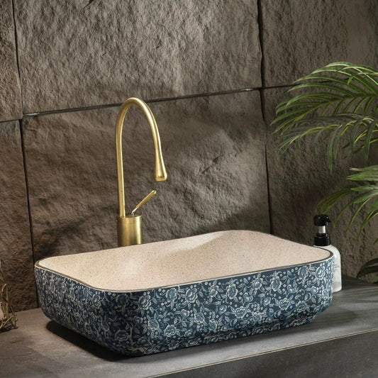 Chinese Ceramic Art Countertop Blue Square Basin Lavabo Porcelain Bathroom Sink