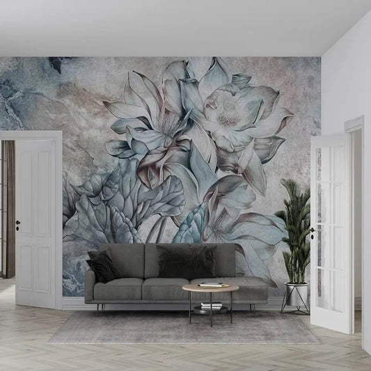 Vintage floral wallpaper mural with large blush and green blooms for dramatic feature walls