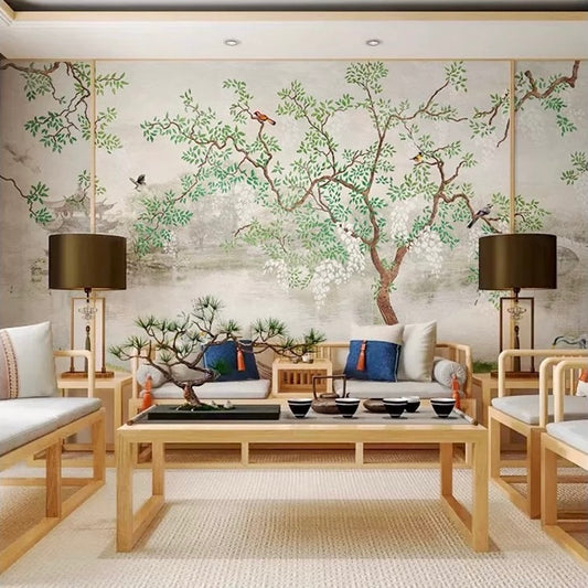 custom-wallpaper-mural-for-living-room-pastoral-tree-and-birds