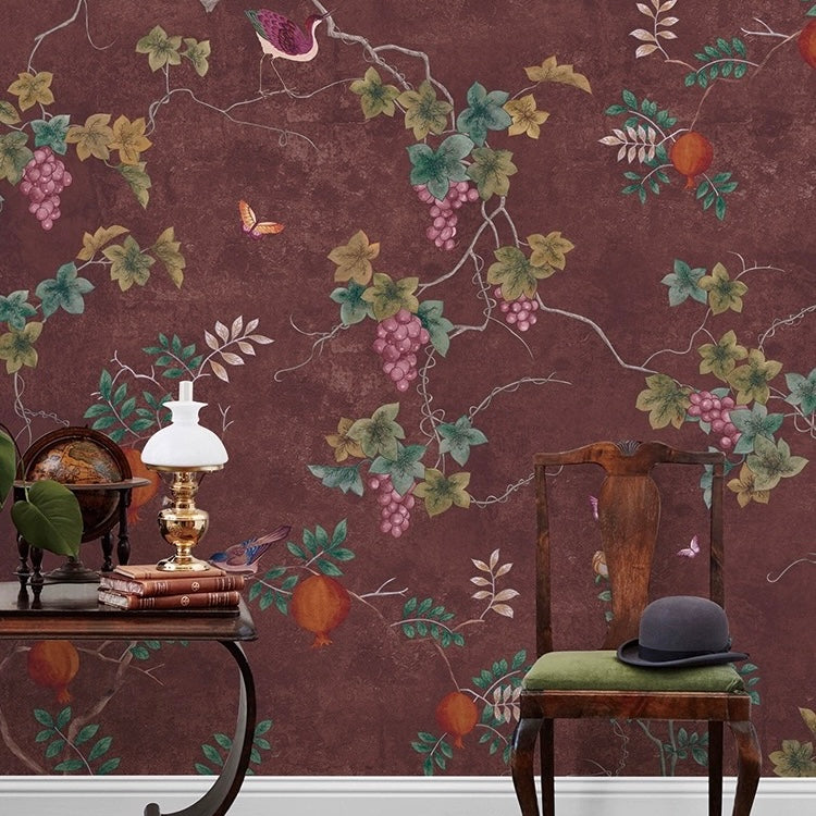 custom-wallpaper-vintage-pastoral-mural-birds-and-flowers
