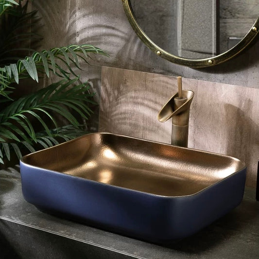 Minimalist Chinese Ceramic Art Countertop Blue Square Basin Lavabo Porcelain Bathroom Sink