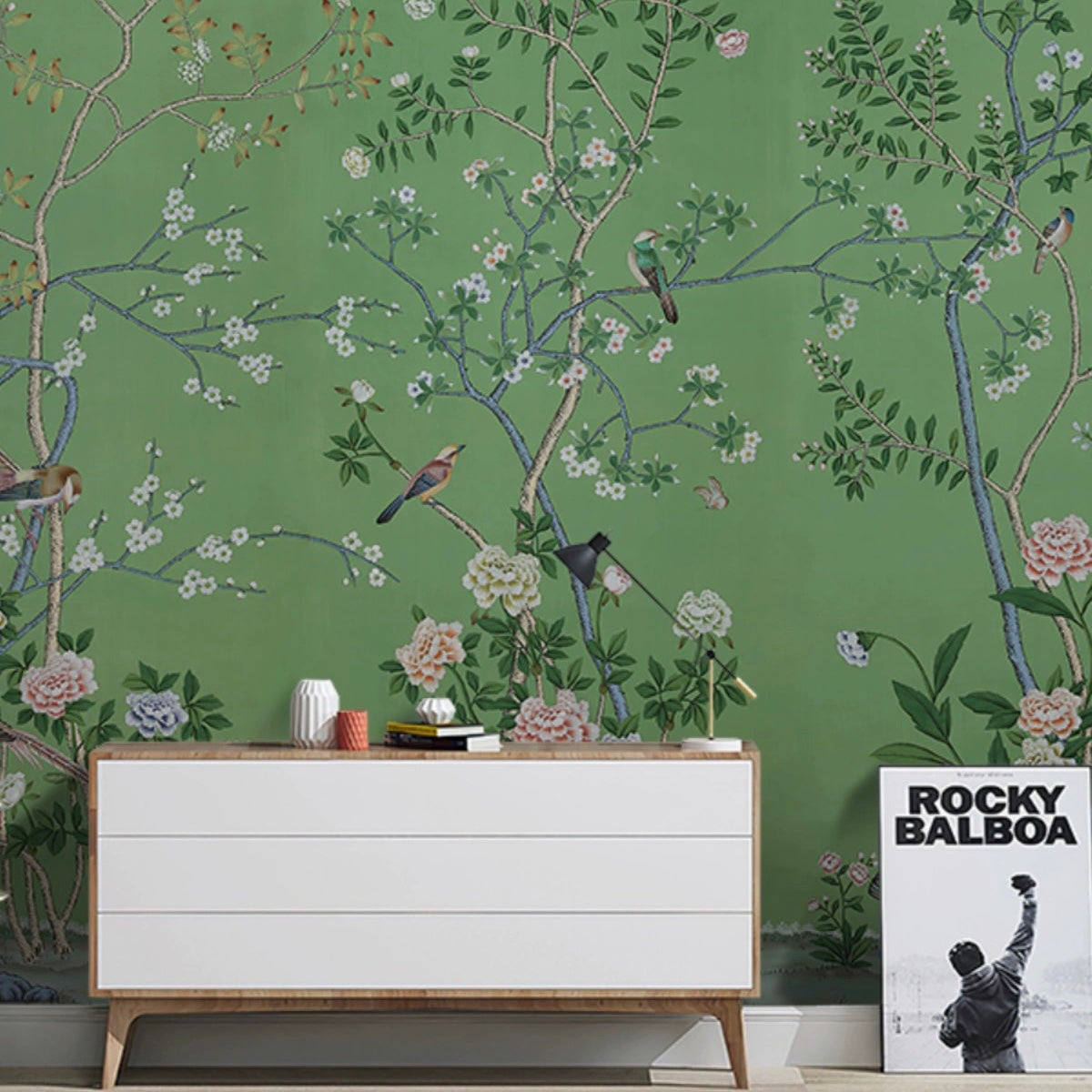 custom-wallpaper-vintage-pastoral-mural-birds-and-flowers