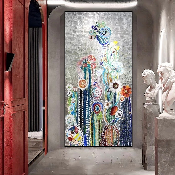 custom-glass-mosaic-mural-abstract-cactus-and-flowers
