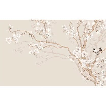 Custom Neutral Chinoiserie Wallpaper Mural | Magnolia & Birds