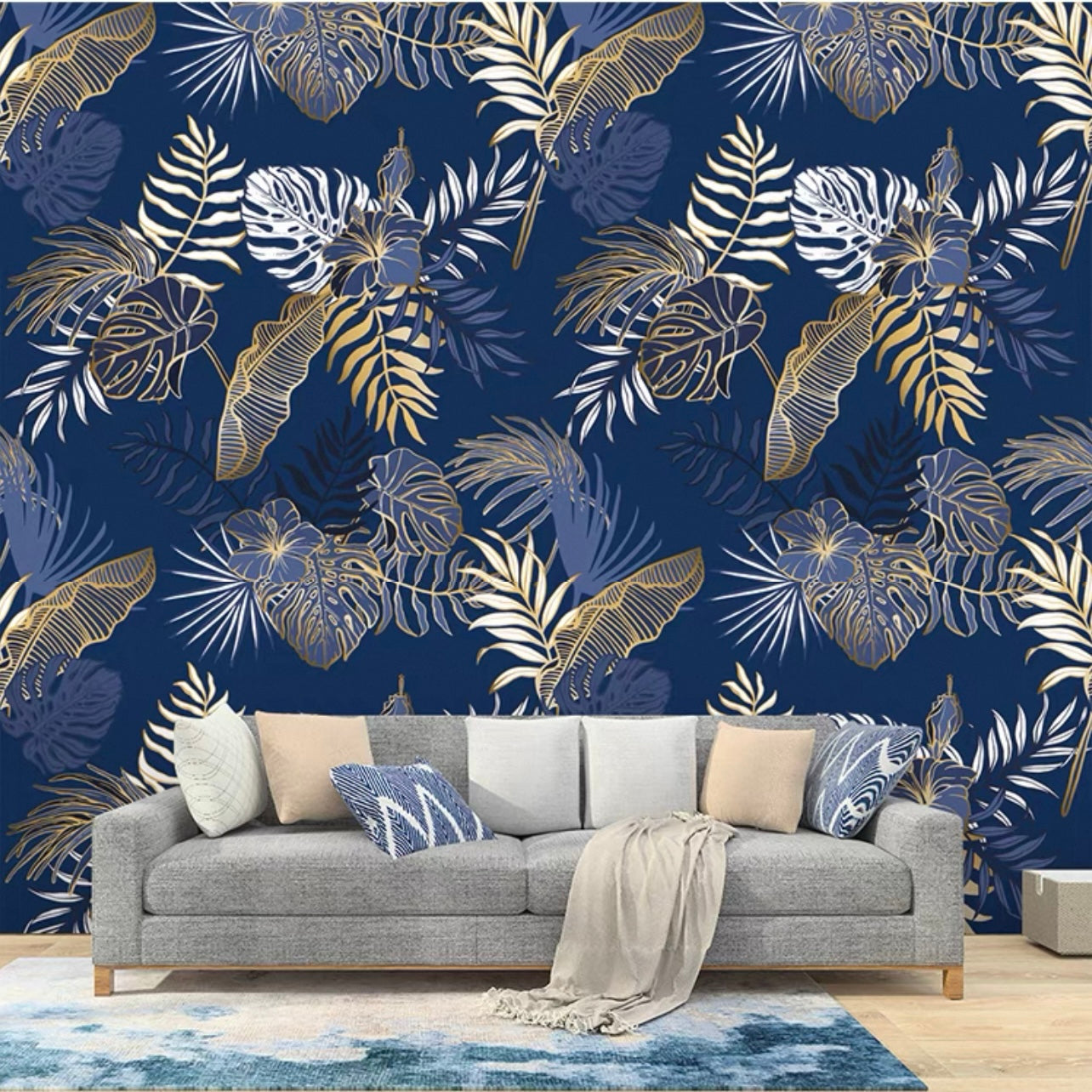custom-blue-wallpaper-mural-for-living-room-tropical-leaves
