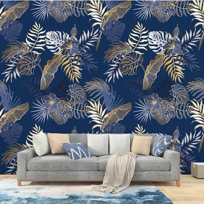 custom-blue-wallpaper-mural-for-living-room-tropical-leaves
