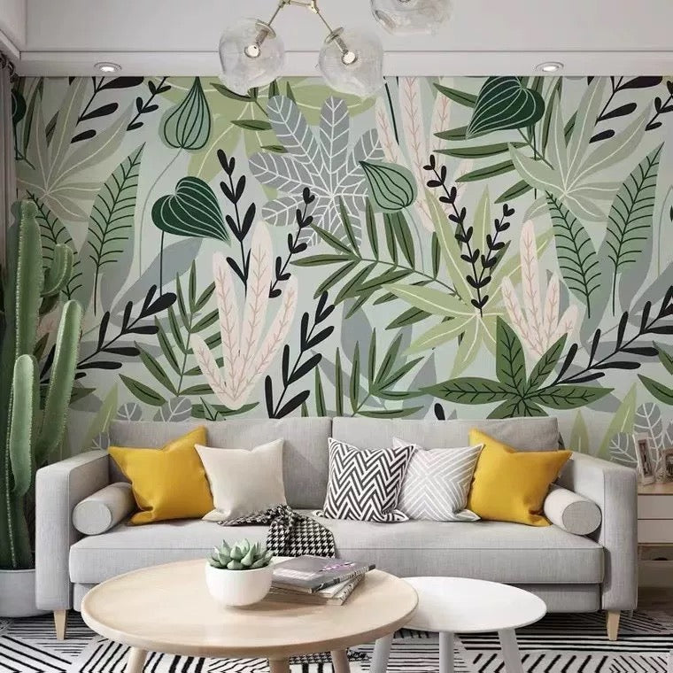 custom-nature-wallpaper-mural-for-living-room-fresh-leaves