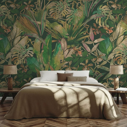 Custom Dark Green Metallic Jungle Mural | Maximalist Botanical Wallpaper