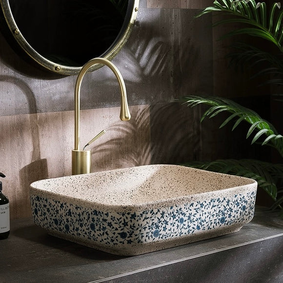 Chinese Ceramic Art Countertop Square Floral Basin Lavabo Porcelain Bathroom Sink