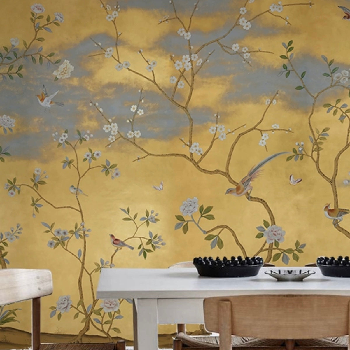 custom-wallpaper-vintage-pastoral-mural-birds-and-flowers