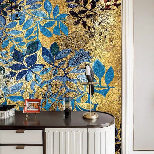 custom-glass-mosaic-mural-blue-leaves-golden-background