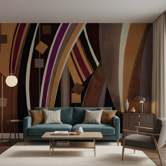 Abstract Art Deco Curvy Lines Wallpaper Mural - Non-Pasted Jewel Tones