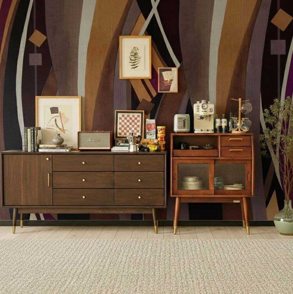 Abstract Art Deco Curvy Lines Wallpaper Mural - Non-Pasted Jewel Tones