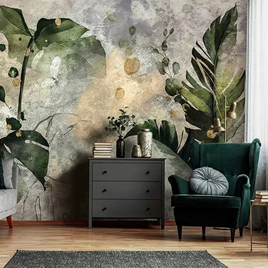 Abstract Jungle Mural Wallpaper | Custom Distressed Green & Gold Botanical Wall Art
