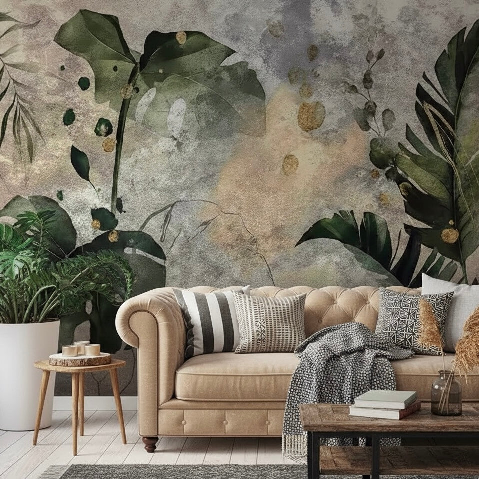 Abstract Jungle Mural Wallpaper | Custom Distressed Green & Gold Botanical Wall Art