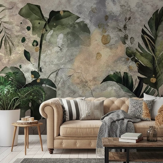 Abstract Jungle Mural Wallpaper | Custom Distressed Green & Gold Botanical Wall Art