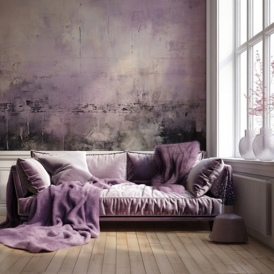 Abstract Lilac & Charcoal Textured Wall Mural - Moody Lavender Watercolor Art Wallpaper