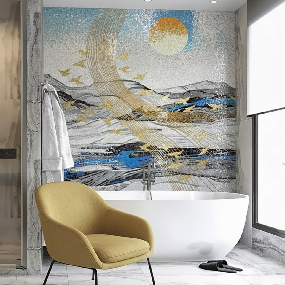 Abstract Sun & Gold Flight Custom Glass Mosaic Landscape Mural