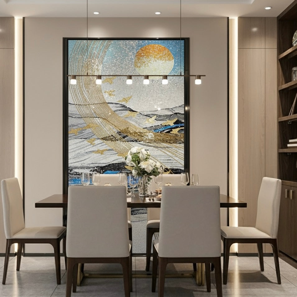 Glass Merol Abstract Sun & Gold Flight Custom Glass Mosaic Landscape Mural | BVM Home