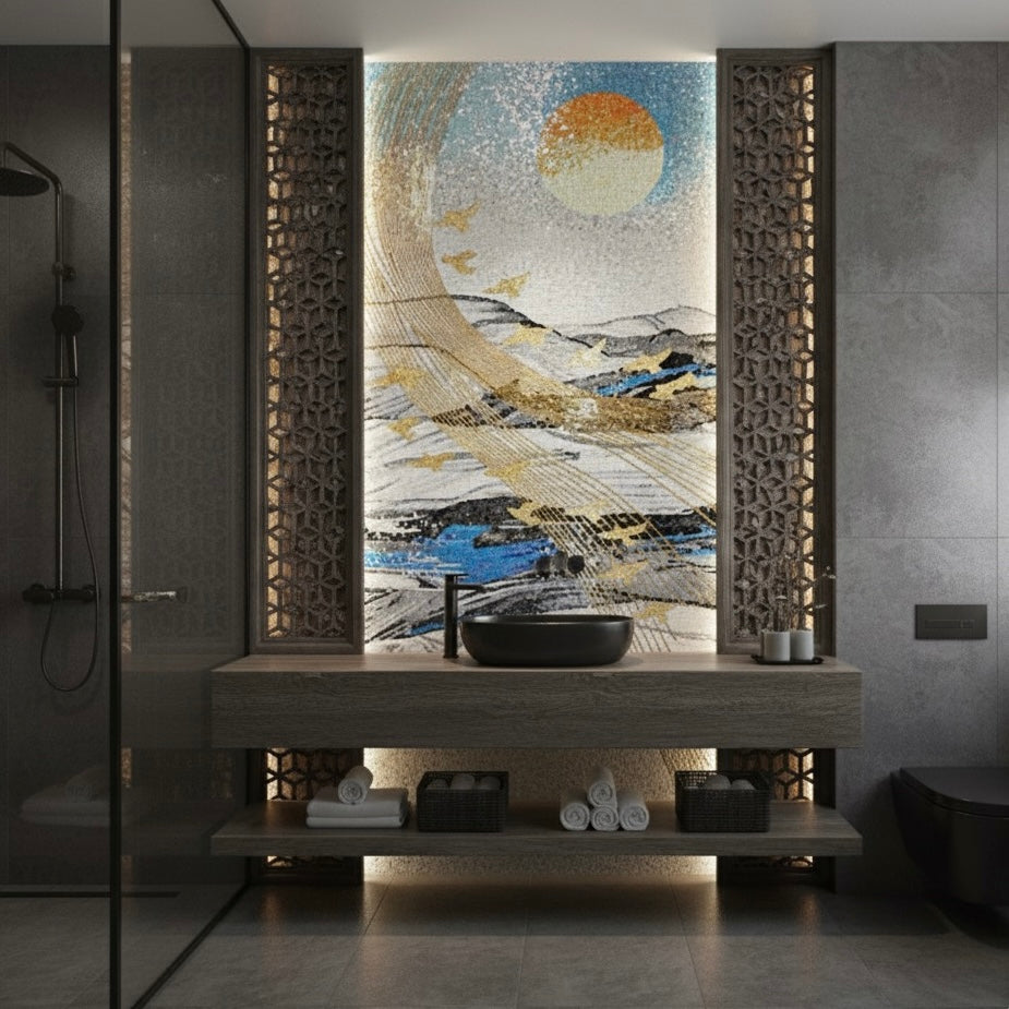 Abstract Sun & Gold Flight Custom Glass Mosaic Landscape Mural