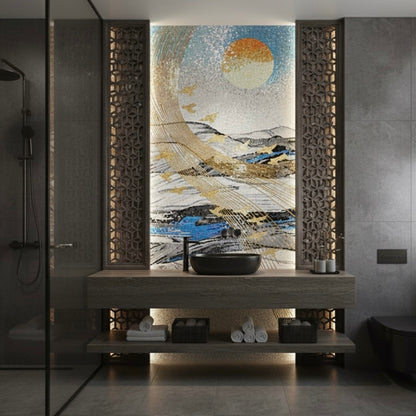 Abstract Sun & Gold Flight Custom Glass Mosaic Landscape Mural