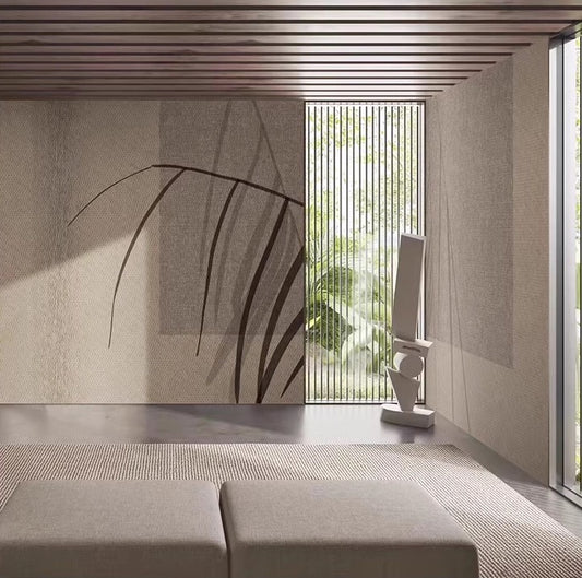 Modern interior with a large window, abstract wall art, and minimal furniture.