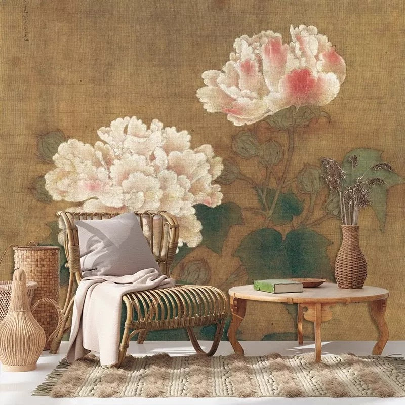 Antique Peony Wallpaper Mural Vintage Chinoiserie Art 