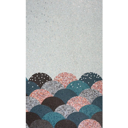 Mosaic mural with circular shapes in various colors on a gray background