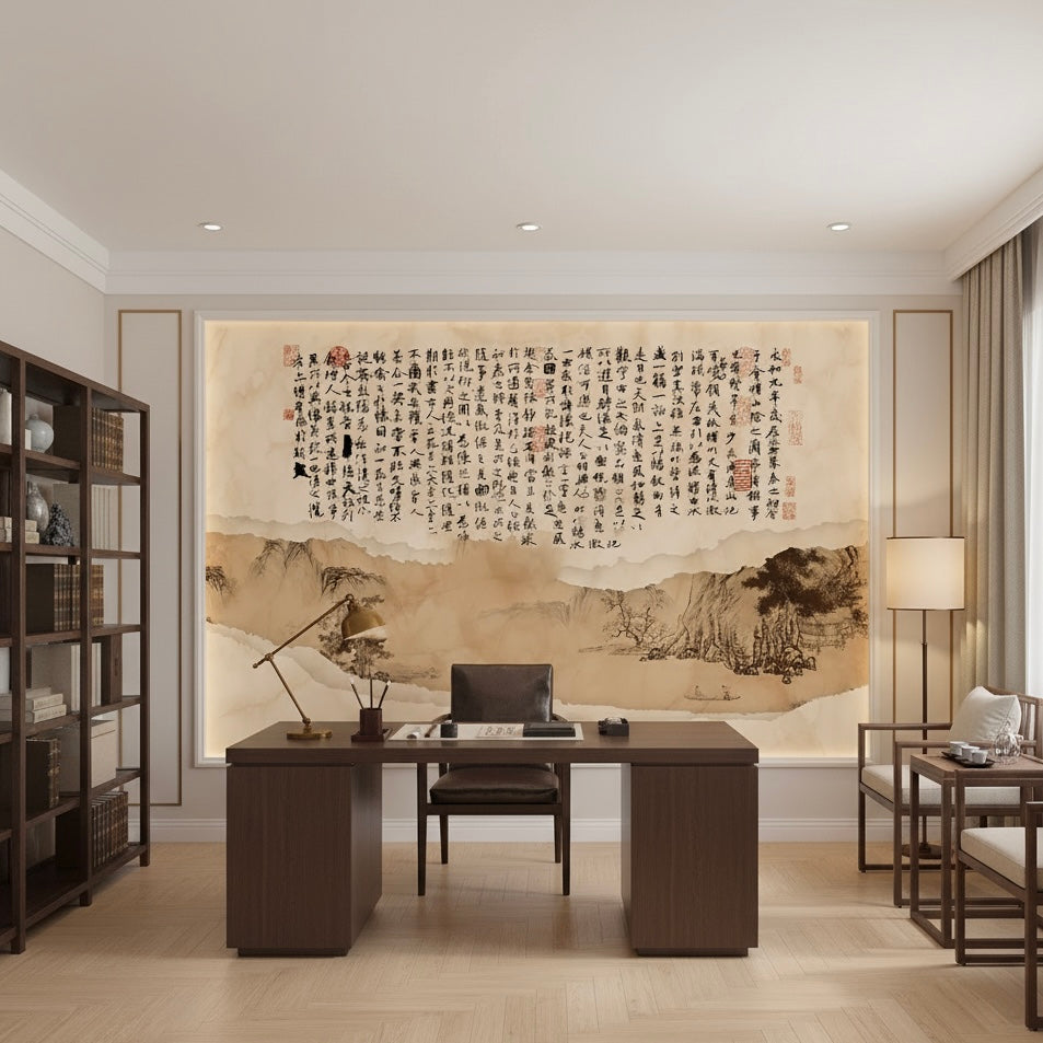 Modern office interior with a large wall mural and wooden desk.