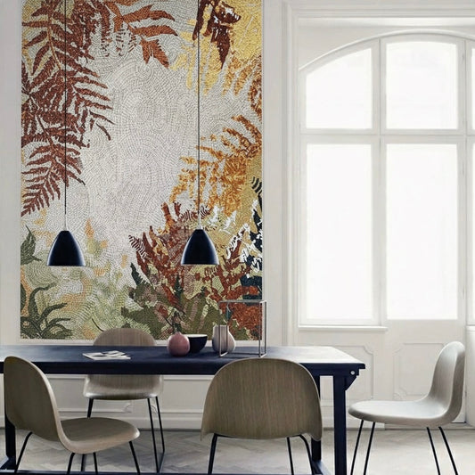 Autumn Fern Botanical Glass Mosaic Mural - Custom Handcrafted Tile Art for Luxury Spa or Dining Room