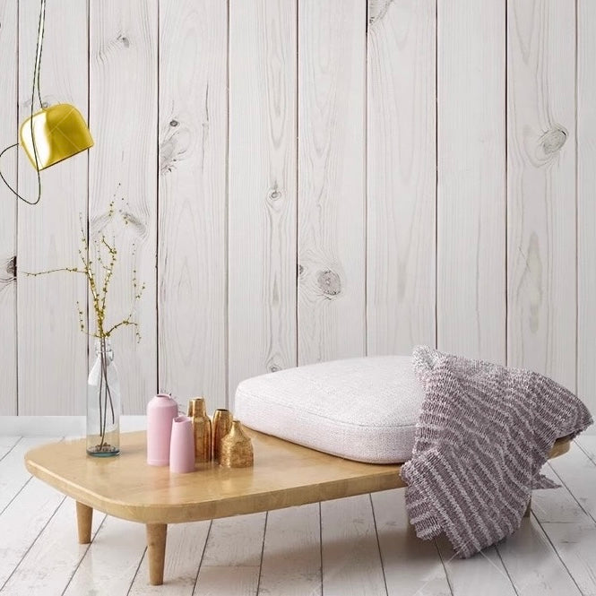 Custom white wood panel effect wallpaper mural – realistic textured finish for rustic or modern interiors