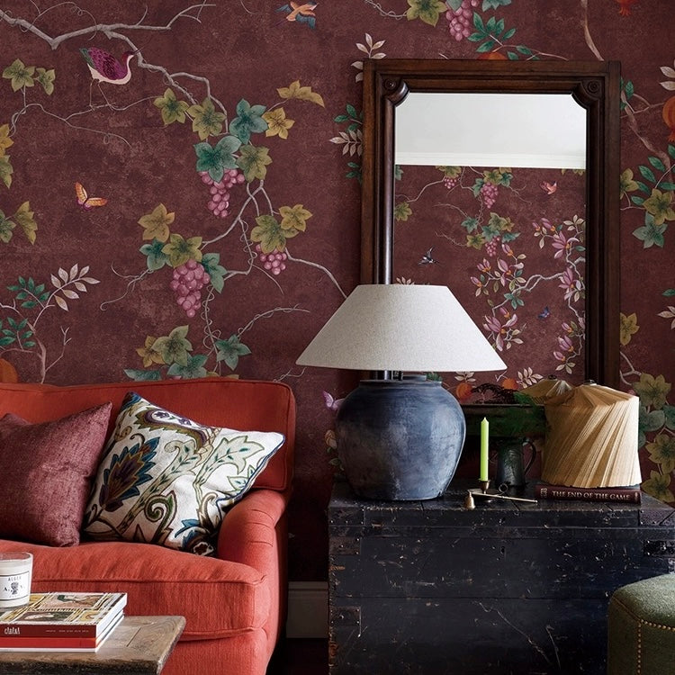 custom-wallpaper-vintage-pastoral-mural-birds-and-flowers