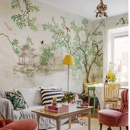 custom-wallpaper-mural-for-living-room-pastoral-tree-and-birds
