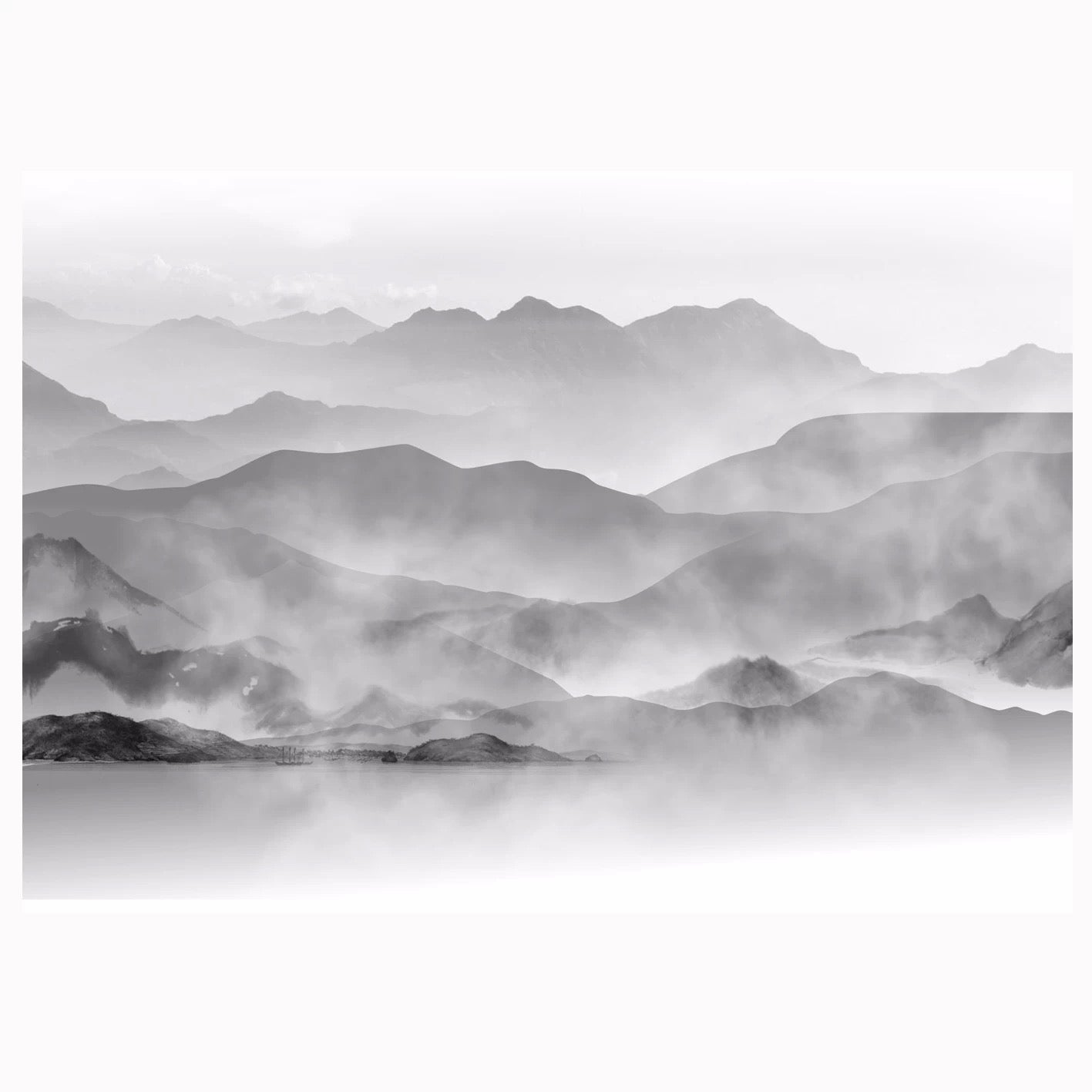 Black and white mountain landscape with misty effect