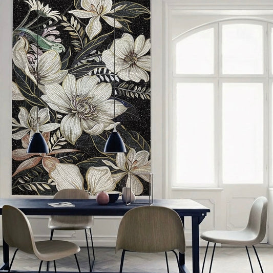 Luxury Black and White Floral Glass Mosaic Mural - Custom-Sized Wall