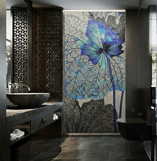 Bathroom with a decorative mosaic mural featuring a blue flower design.