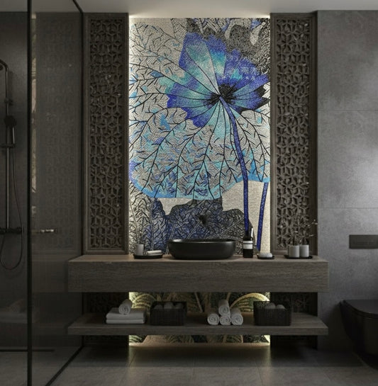 Bathroom with a decorative mosaic mural featuring a blue flower design.