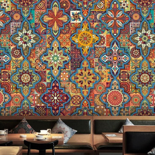 Colorful geometric patterned wall in a restaurant setting