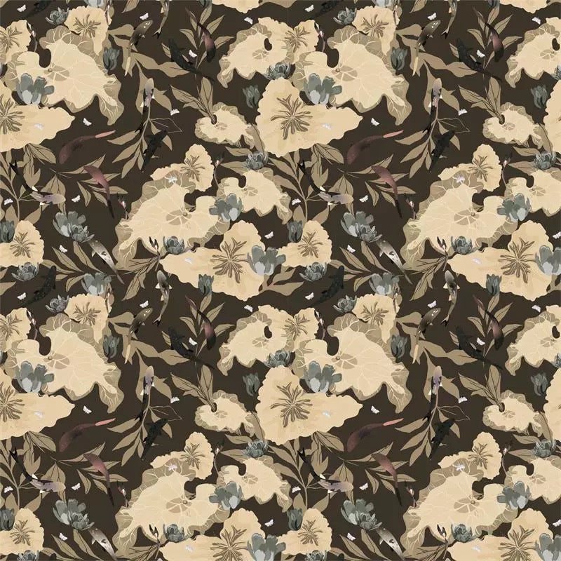 Floral pattern with beige flowers and green leaves on a brown background