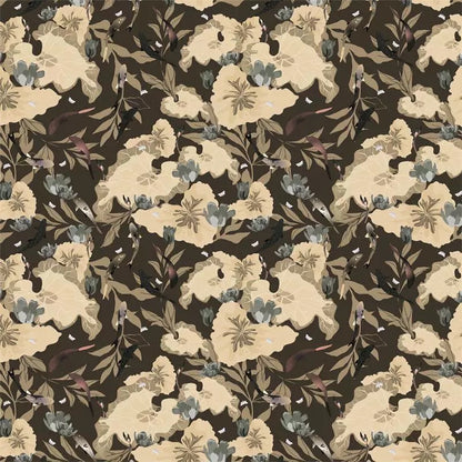 Floral pattern with beige flowers and green leaves on a brown background