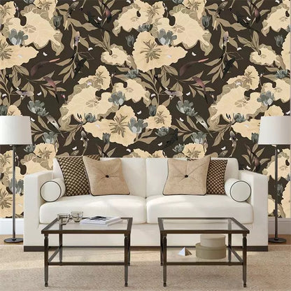 Living room with floral wallpaper, white sofa, and decorative pillows.