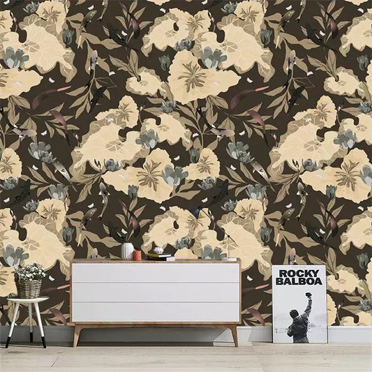 Floral wallpaper with beige flowers on a brown background, featuring a white dresser and decorative items.