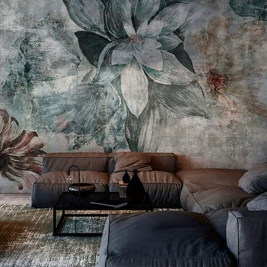 Vintage floral wallpaper mural with large blush and green blooms for dramatic feature walls