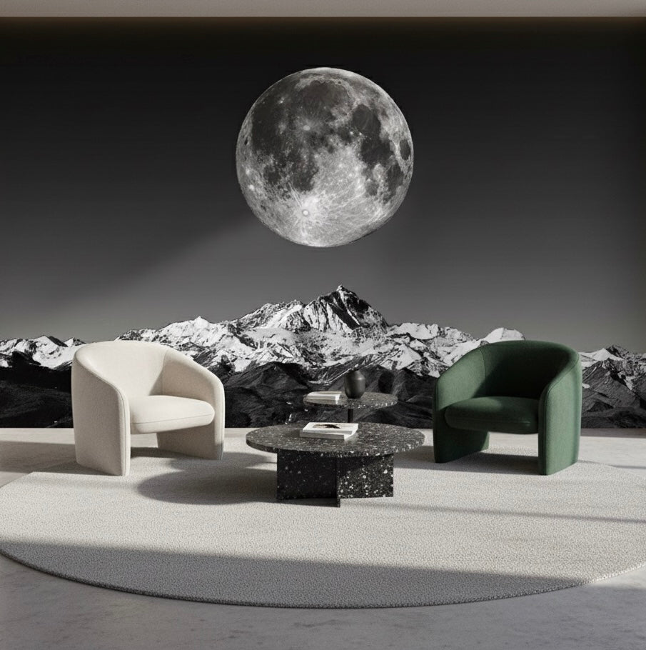 Celestial Peaks Custom Black White Mountain Moon Mural