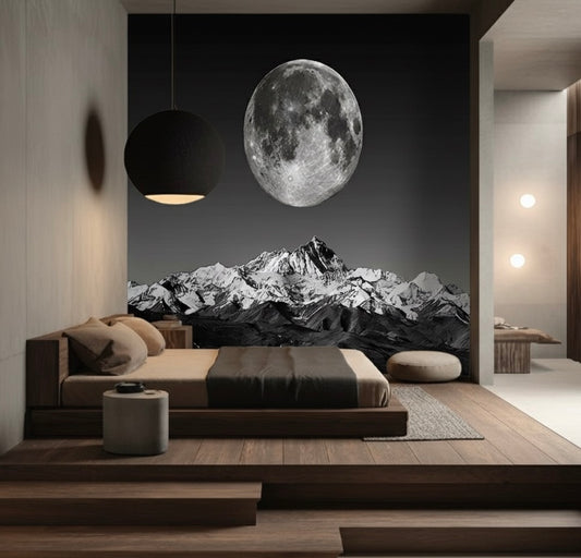 Celestial Peaks Custom Black White Mountain Moon Mural